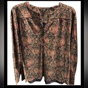 Lucky Brand Floral Paisley Pink Blue Tan Shirt Women’s S, 1/2 Button Long Sleeve